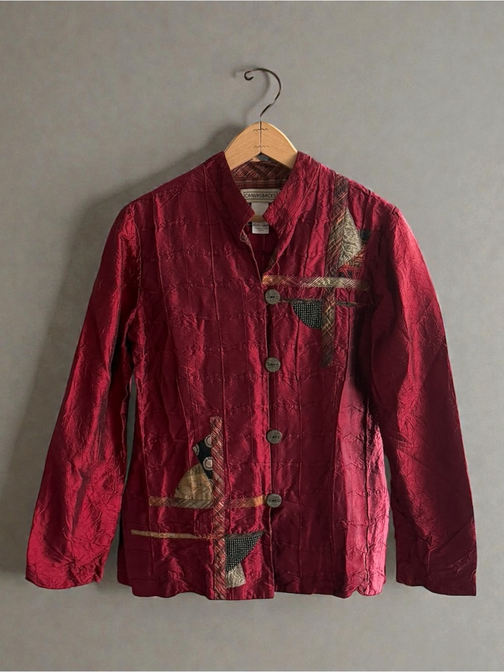 Canvasbacks Women's Red Crinkle Texture Patchwork Button‎ Front Jacket Size 4
